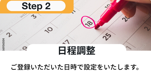 日程調整：ご登録いただいた日時で設定をいたします。